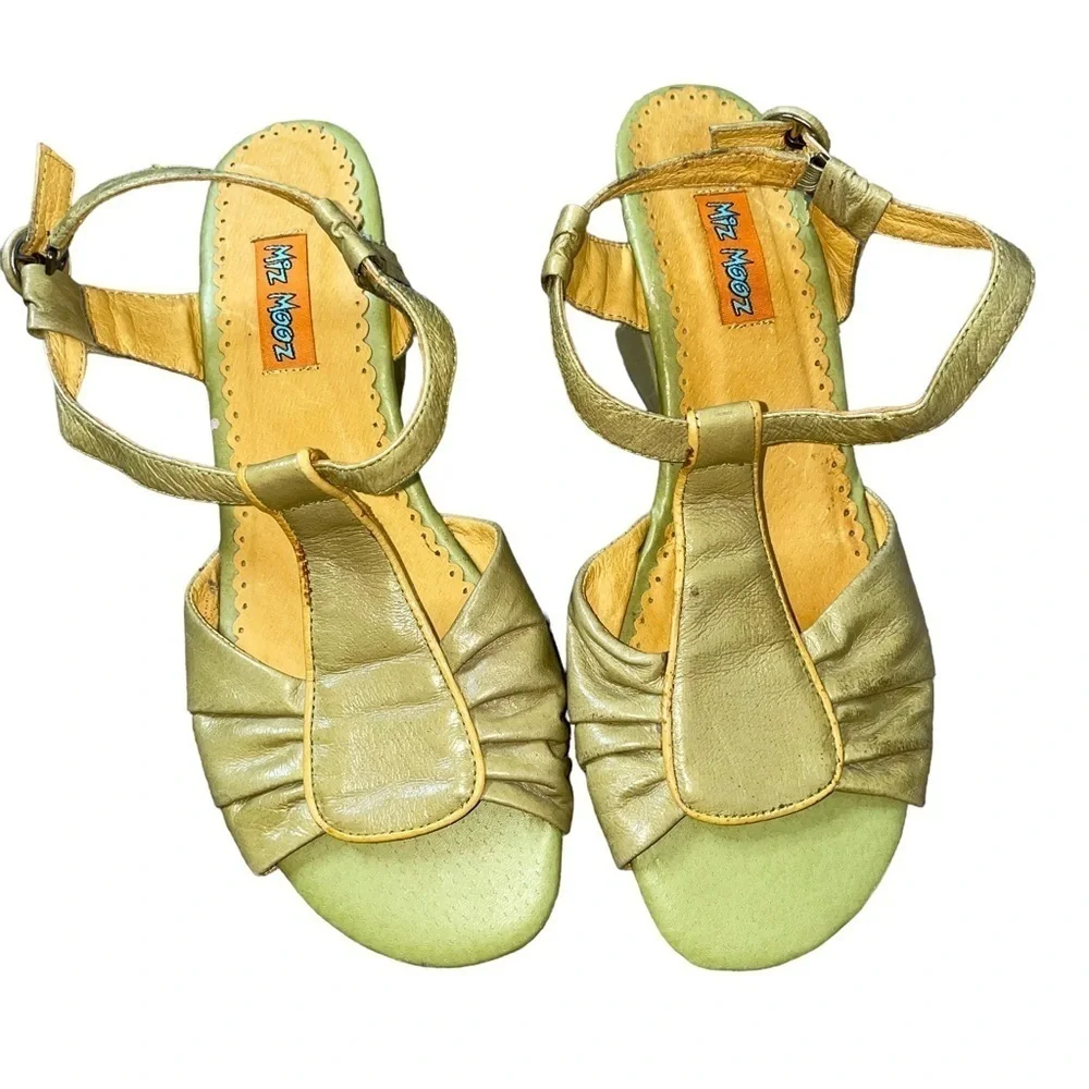 Mizz Mooz wedge sandals green & yellow ankle strap open toe SZ 39 US 8 70's